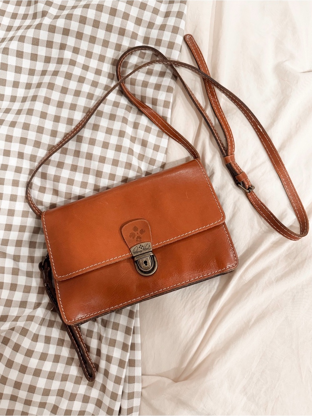Patricia Nash Cognac Leather Crossbody with Antique Brass Lock